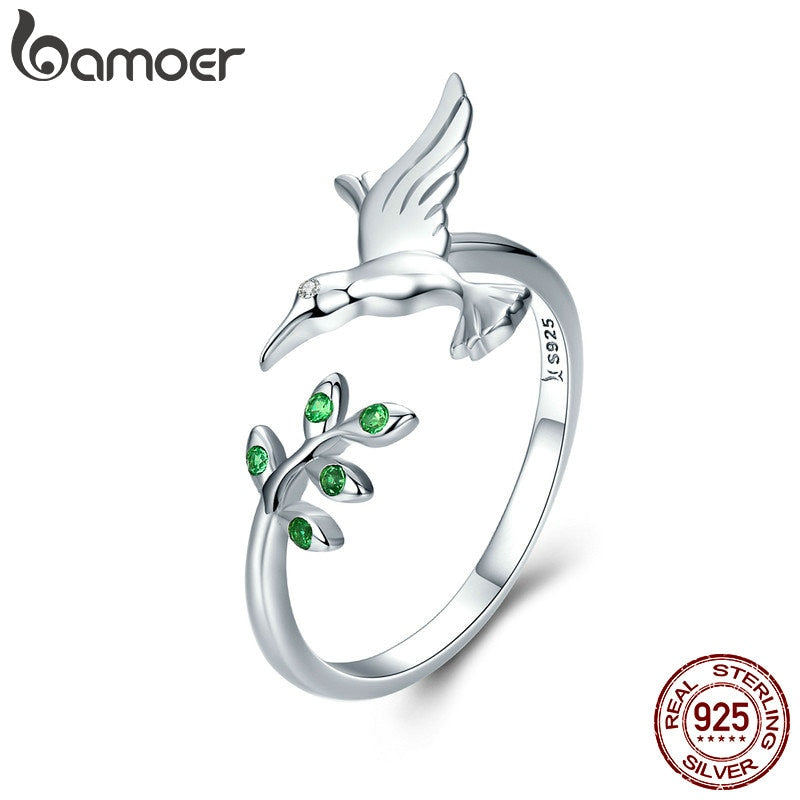 BAMOER Authentic 925 Sterling Silver Bird & Spring Tree Leaves Open Size Finger Rings for Women Sterling Silver Jewelry SCR323 - FushionGroupCorp