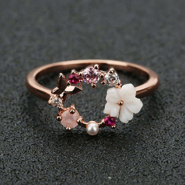 Fashion Creative Butterfly Flowers Crystal Finger Wedding Rings for Women Rose Gold Zircon Glamour Ring Jewelry Girl Gift Bijoux - FushionGroupCorp