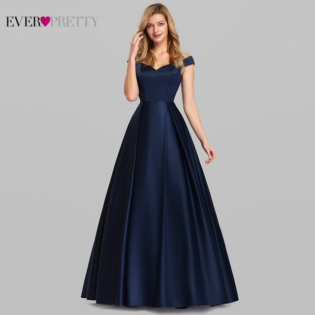 Navy Blue Elegant Women Long Prom Dresses 2020 Ever Pretty Satin A-LIne V-Neck Off The Shoulder Vintage Formal Party Dresses - FushionGroupCorp