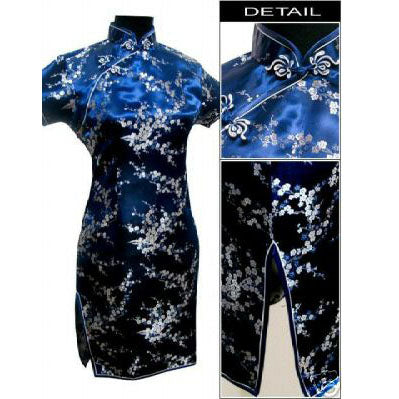 Navy Blue Traditional Chinese Dress Women's Satin Qipao Summer Sexy Vintage Cheongsam Flower Size S M L XL XXL 3XL WC100 - FushionGroupCorp