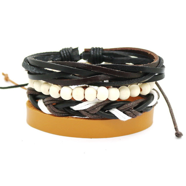 1 Set 4PCS leather bracelet Men's multi-layer bead bracelet women's retro punk casual men's jewelry bracelet jewelry accessories - FushionGroupCorp