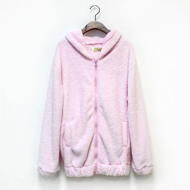 Hot Sale Women Hoodies Zipper Girl  Winter Loose Fluffy Bear Ear Hoodie Hooded Jacket Warm Outerwear Coat Cute Sweatshirt Hoody - FushionGroupCorp