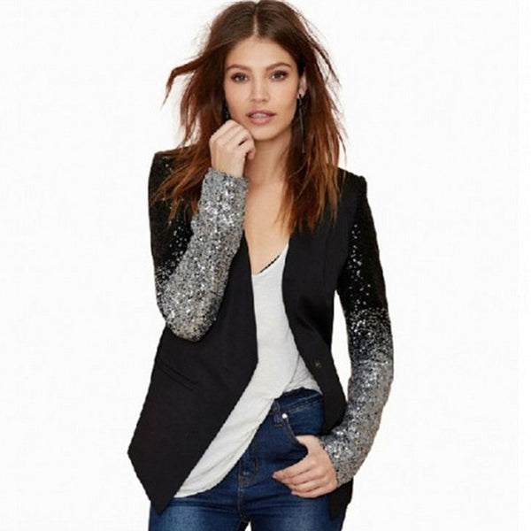 New 2019 Slim Women Pu Patchwork Black Silver Sequins Jackets Full Sleeve Fashion Spring Coat for Young Lady BL006 - FushionGroupCorp