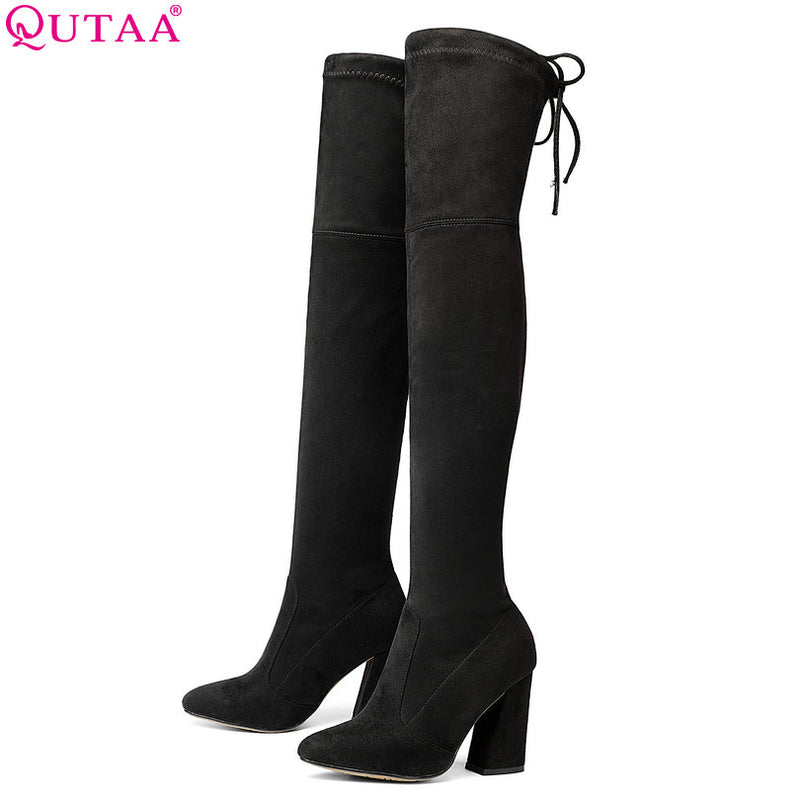 QUTAA 2017 NEW Sucrb Leather  Women Over The Knee Boots  Lace Up Sexy  Hoof  Heels Women Shoes  Soild Winter Warm  Size 34-43 - FushionGroupCorp
