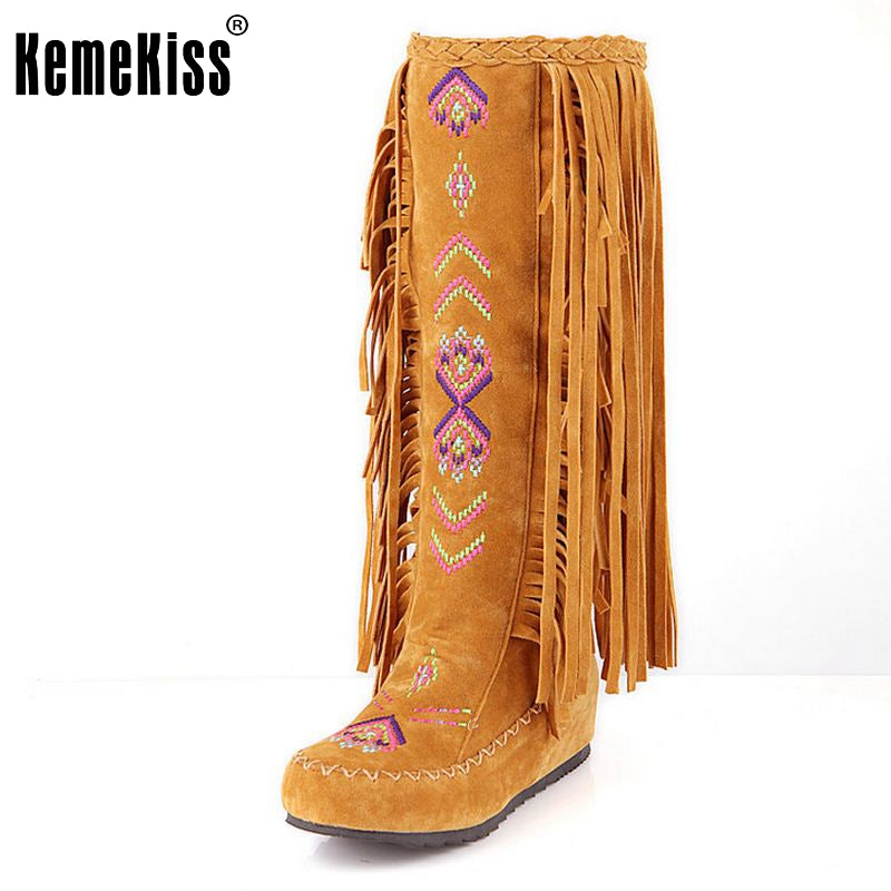 KemeKiss Fashion Chinese Nation Style Flock Leather Women Fringe Flat Heels Long Boots Woman Tassel Knee High Boots Size 34-43 - FushionGroupCorp