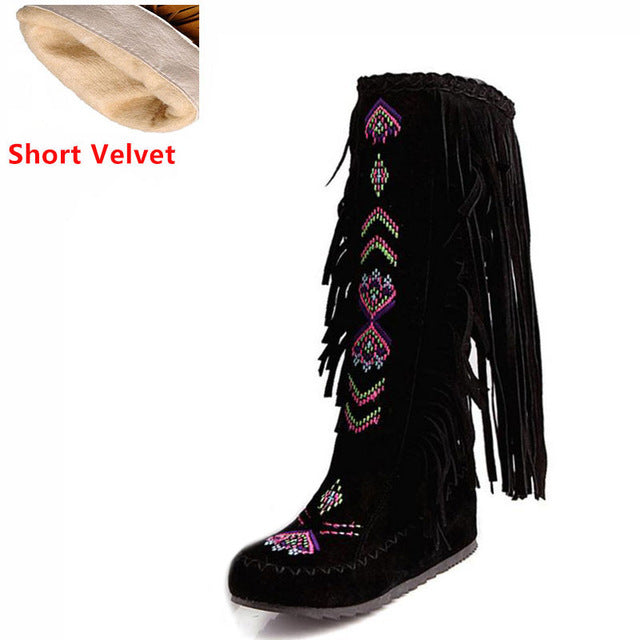 KemeKiss Fashion Chinese Nation Style Flock Leather Women Fringe Flat Heels Long Boots Woman Tassel Knee High Boots Size 34-43 - FushionGroupCorp
