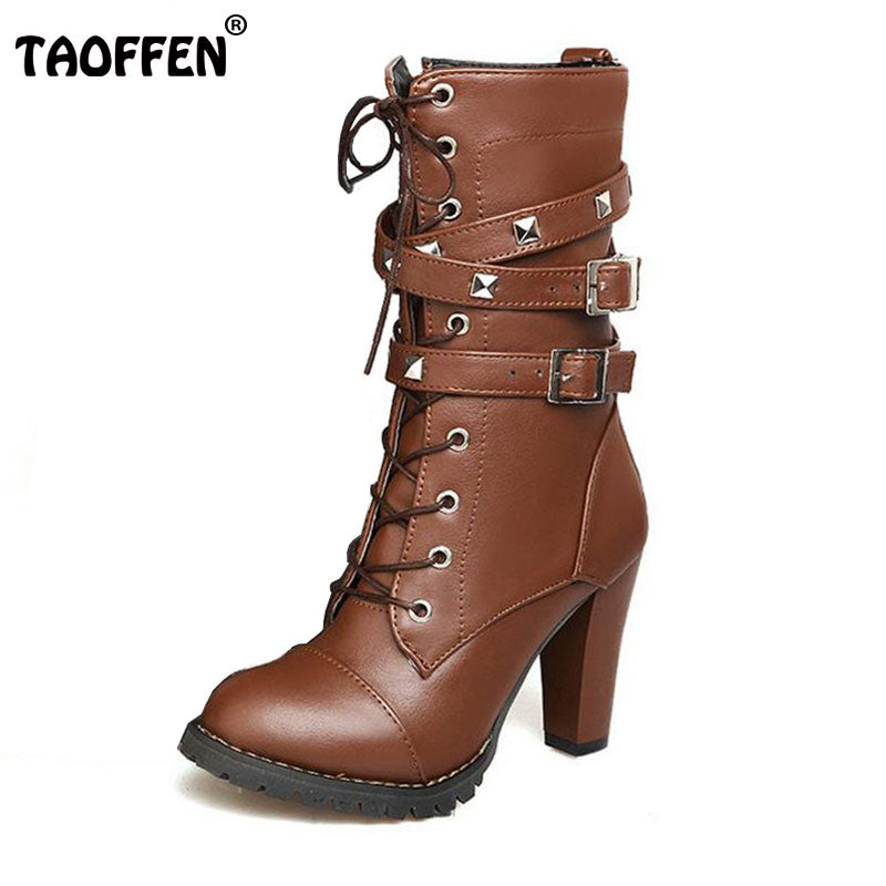 TAOFFEN Ladies shoes Women boots High heels Platform Buckle Zipper Rivets Sapatos femininos Lace up Leather boots Size 34-43 - FushionGroupCorp