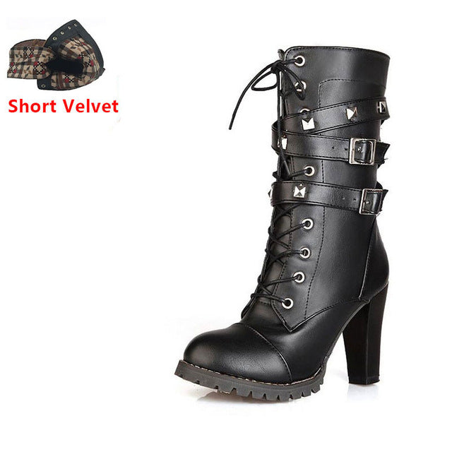 TAOFFEN Ladies shoes Women boots High heels Platform Buckle Zipper Rivets Sapatos femininos Lace up Leather boots Size 34-43 - FushionGroupCorp