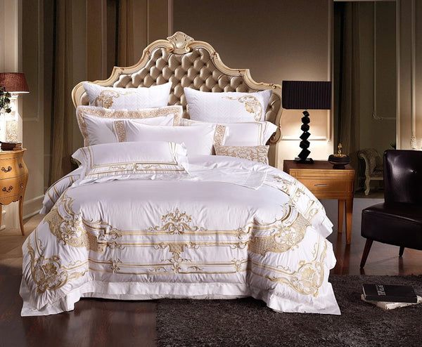 100% Egypt Cotton White Embroidery Palace Royal Luxury Bedding Sets King Queen Size Hotel Bed Duvet Cover Bed Sheet set - FushionGroupCorp