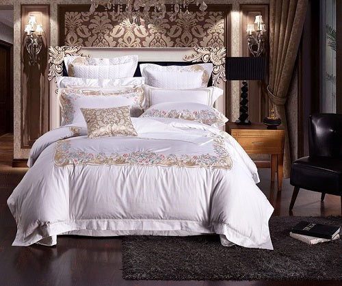 100% Egypt Cotton White Embroidery Palace Royal Luxury Bedding Sets King Queen Size Hotel Bed Duvet Cover Bed Sheet set - FushionGroupCorp