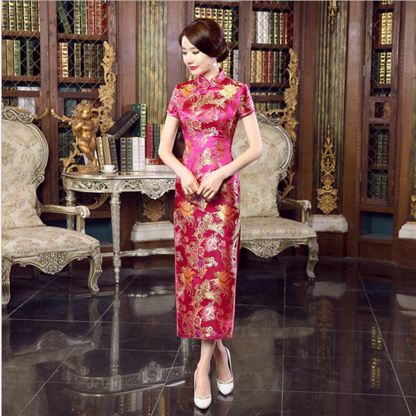 Hot Sale Blue Chinese Style Formal Dress Women Silk Satin Long Qipao Vintage Elegant Flower Cheongsam - FushionGroupCorp