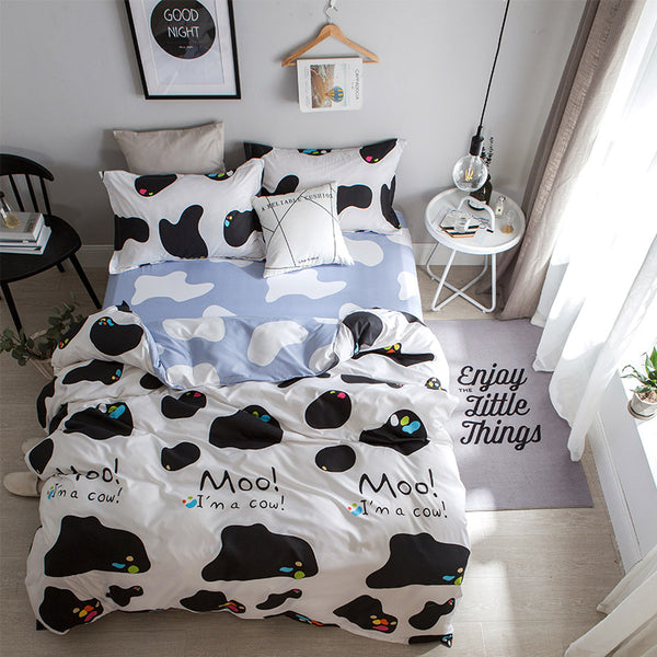 Cartoon White + Black Cow Pattern 4Pcs King Size Bedding Sets Luxury Include Duvet Cover+Bed Sheet+Pillowcase Super Soft Warm - FushionGroupCorp