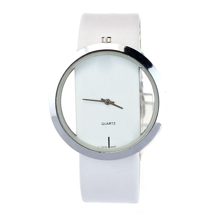New PU Leather Transparent Dial Hollow Analog Quartz Wrist Watch - FushionGroupCorp