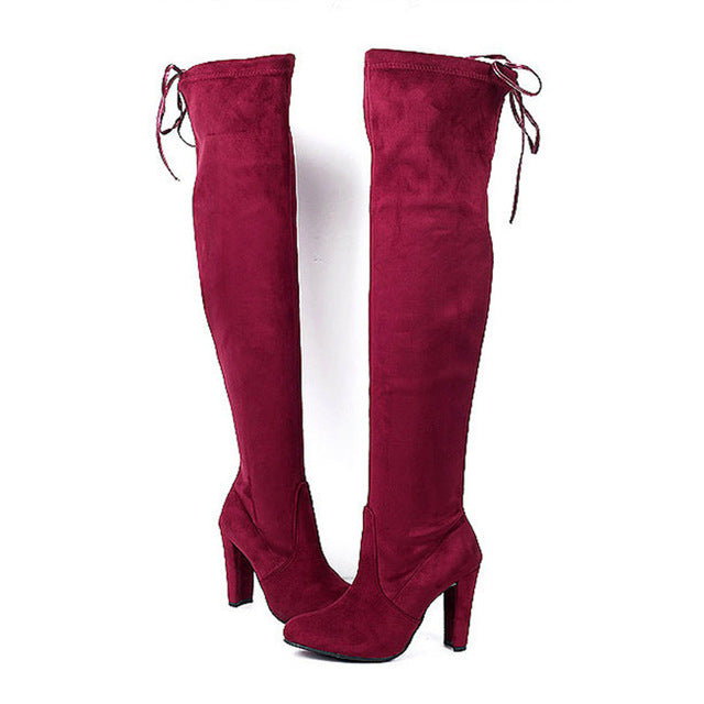 Faux Suede Women Over The Knee Boots Lace Up Sexy High Heels Shoes Woman Female Slim Thigh High Boots Botas Winter Shoes 34-43 - FushionGroupCorp