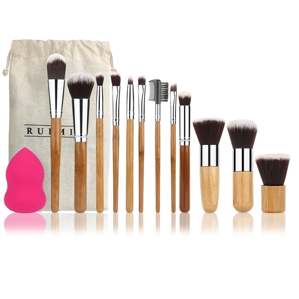 RUIMIO 12PCS Makeup Brush Set Professional Bamboo Handle Foundation Blending Blush Eye Face Liquid Powder Cream Cosmetics Brushes & 1 Rose Red Makeup Sponge - FushionGroupCorp