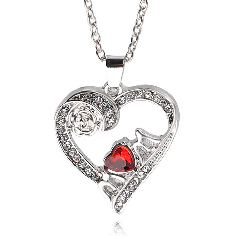 Fashion Love Jewelry Necklace White Crystal Rose Heart Pendant Statement - FushionGroupCorp