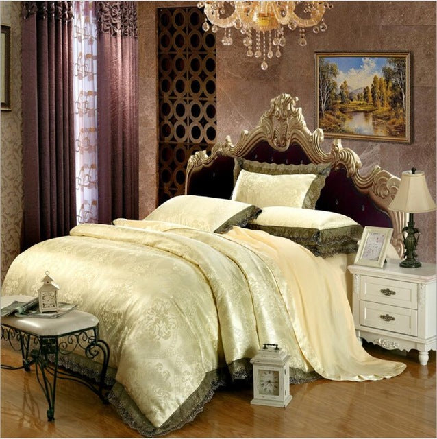 Luxury Jacquard Bedding Set King Queen Size 4/6pcs Bed Linen Silk Cotton Duvet Cover Lace Satin Bed Sheet Set Pillowcases - FushionGroupCorp