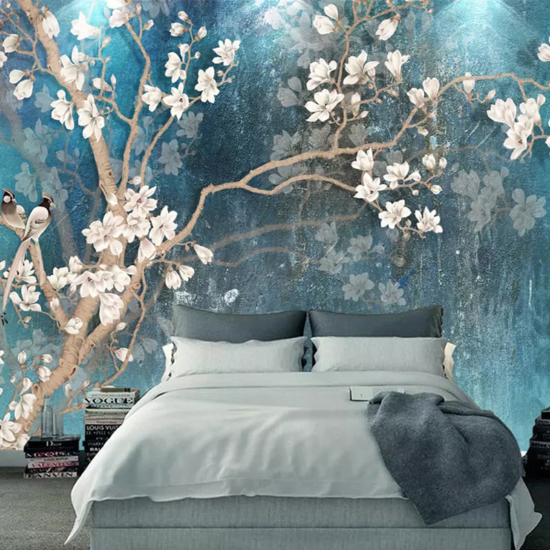 Custom 3D Wall Murals Wallpaper Nordic Blue Vintage Hand Painted Flowers Birds Oil Painting Wall Paper Bedroom Mural De Parede - FushionGroupCorp