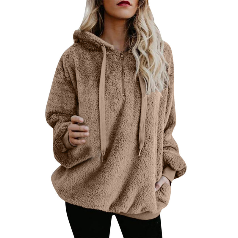 Women Hooded Sweatshirt Coat Winter Warm Wool Zipper Pockets Cotton Coat Outwear - FushionGroupCorp