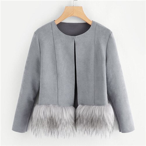 Grey Contrast Faux Fur Ham Suede Coat Women Autumn Winter Jacket Womens Clothes 2019 Fashion Ladies Outerwear Coats - FushionGroupCorp