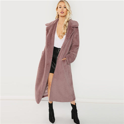Pink Open Front Faux Fur Teddy Coat Autumn Winter Clothes Women Jacket 2019 Elegant Outerwear Womens Plain Long Coats - FushionGroupCorp