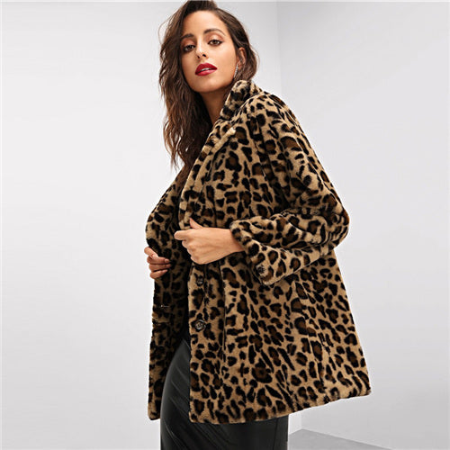 Elegant Leopard Print Faux Fur Coat Women Autumn Winter Jacket Outerwear 2019Warm Soft Overcoat Casual Womens Coats - FushionGroupCorp