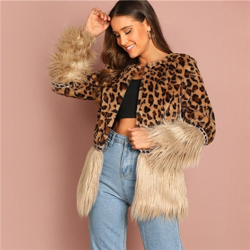 Sheinside Contrast Faux Fur Coat Leopard Print Winter Jacket Women 2018 Long Sleeve Outerwear Casual Womens Coats And Jackets - FushionGroupCorp