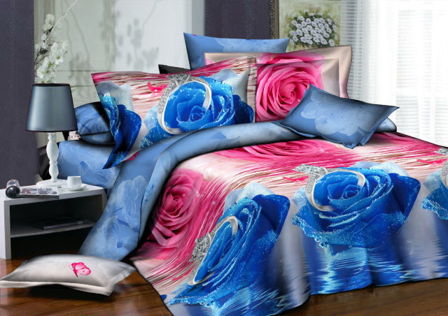 40  Cotton 3D Rose Bedding Sets High Quality Soft Duvet Cover Bedsheet Pillowcase Reactive Printed Bedclothes Queen Bed Linen - FushionGroupCorp