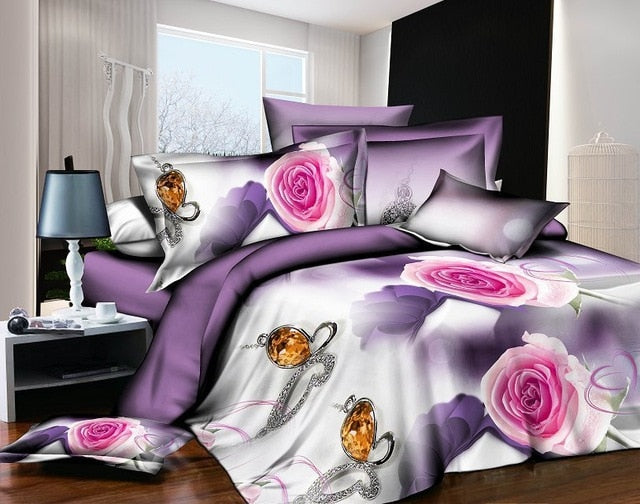 40  Cotton 3D Rose Bedding Sets High Quality Soft Duvet Cover Bedsheet Pillowcase Reactive Printed Bedclothes Queen Bed Linen - FushionGroupCorp