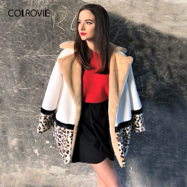 Cut And Sew Leopard Panel Streetwear Faux Fur Coat Casual Warm Winter Coats 2019 Women Coat Fashion Lady Outerwear - FushionGroupCorp