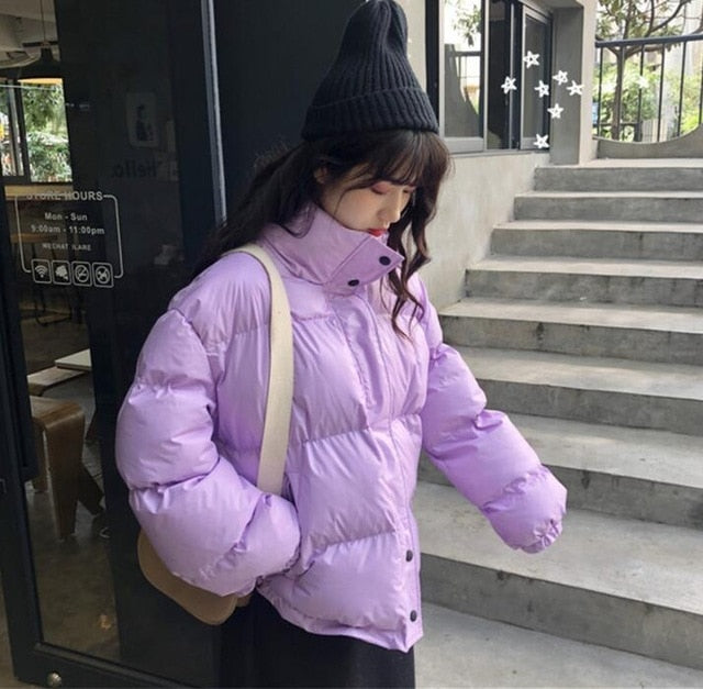 Bright Colors Winter Jacket Women Parka Warm Thick Solid Short Style Cotton Padded Parkas Coat Loose Stand Collar Outwear - FushionGroupCorp