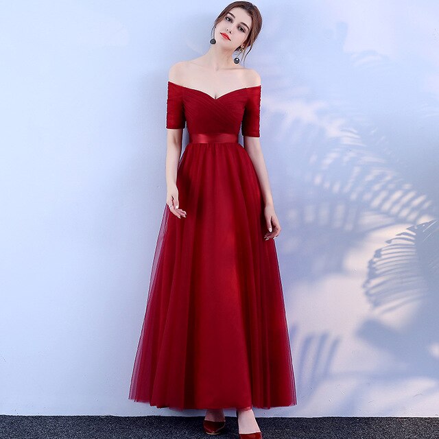 Beauty-Emily Long Purple Red Gray Evening Dresses 2019 A-Line Off the Shoulder Half Sleeve Vestido da dama de honra - FushionGroupCorp