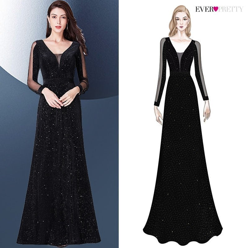 Evening Dresses 2020 Long Sleeve Ever Pretty V-neck Sparkle Elegant Little Mermaid Autumn Winter Long Formal Party Prom Gowns - FushionGroupCorp